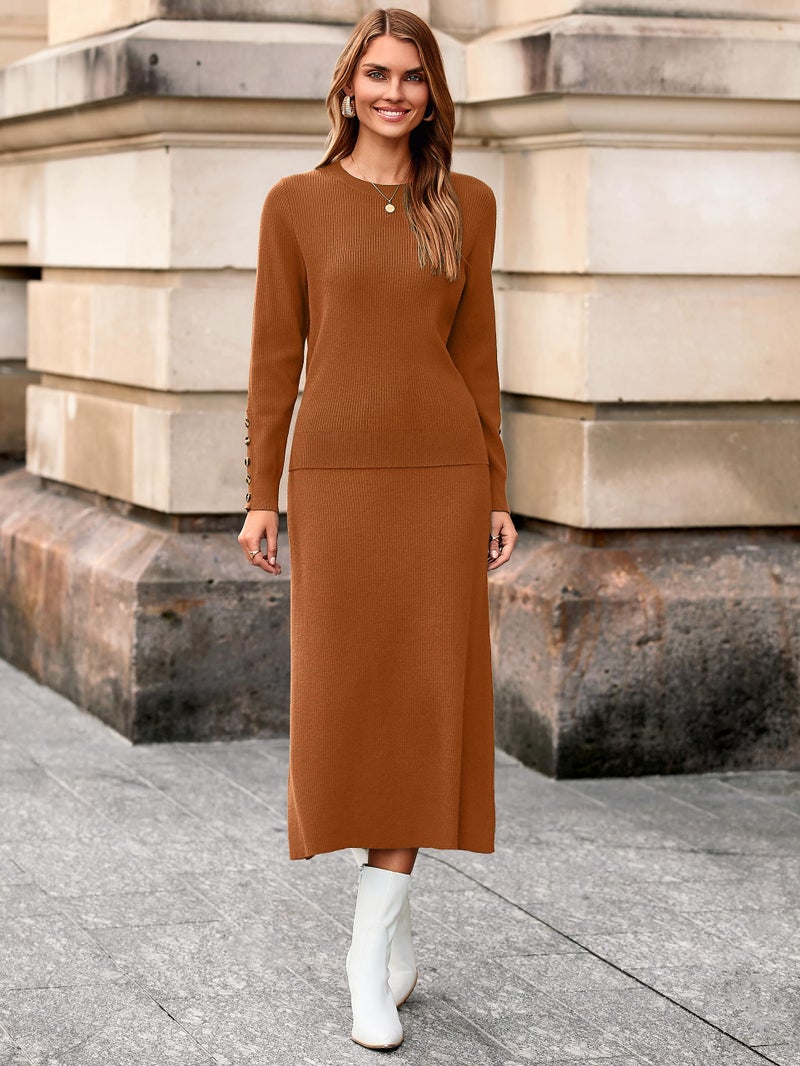 Glamaker Womens 2 Piece Skirt Sets Fall Fashion Matching Set Casual Sweater Dress Knit Lounge Travel Outfits Winter clothes (Caramel XL) - Image 5