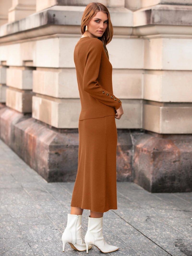 Glamaker Womens 2 Piece Skirt Sets Fall Fashion Matching Set Casual Sweater Dress Knit Lounge Travel Outfits Winter clothes (Caramel XL) - Image 4