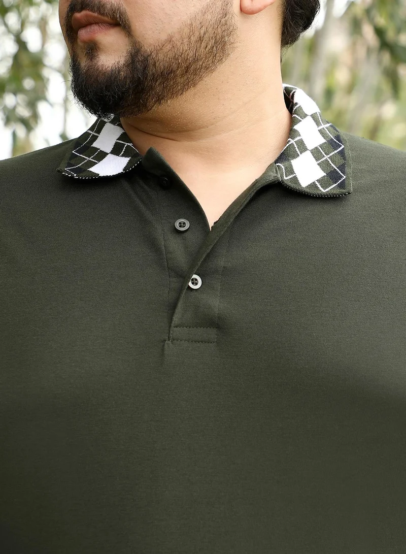 انستافاب بلس Instafab Plus Men Block Argyle-Knit Polo T-Shirt | Jacquard Polo Neck , Short Tipping Cuff Sleeves | Half-Button Closure , Straight Hem | Colourblock Knit Fabric For Casual & Daily Wear | Green