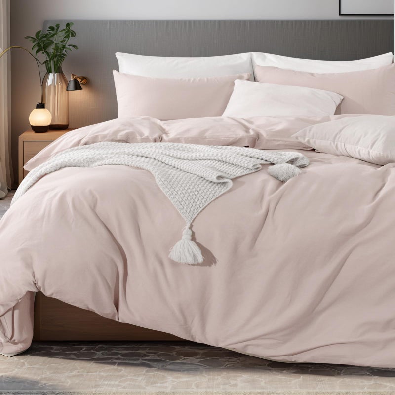 NEXHOME PRO Duvet Cover Set 100 Washed Cotton Full Size Linen Feel Textured Organic Natural 3 Pieces Bedding Set Greyish Light Pink with Zipper Closure and Corner Ties BreathableNo Comforter