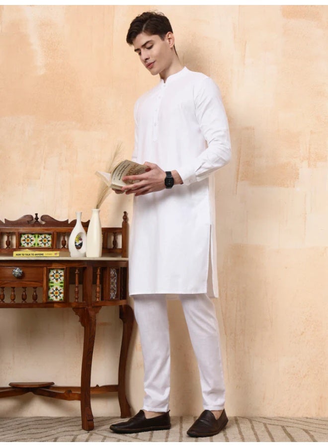 Devoiler Mens White Linen Feel Cotton Kurta Set - Image 4