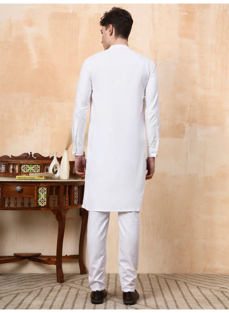 Devoiler Mens White Linen Feel Cotton Kurta Set - Image 1