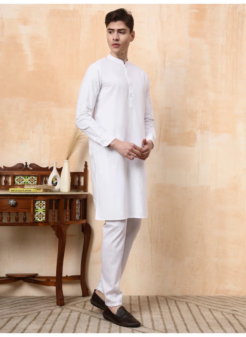 Devoiler Mens White Linen Feel Cotton Kurta Set - Image 3