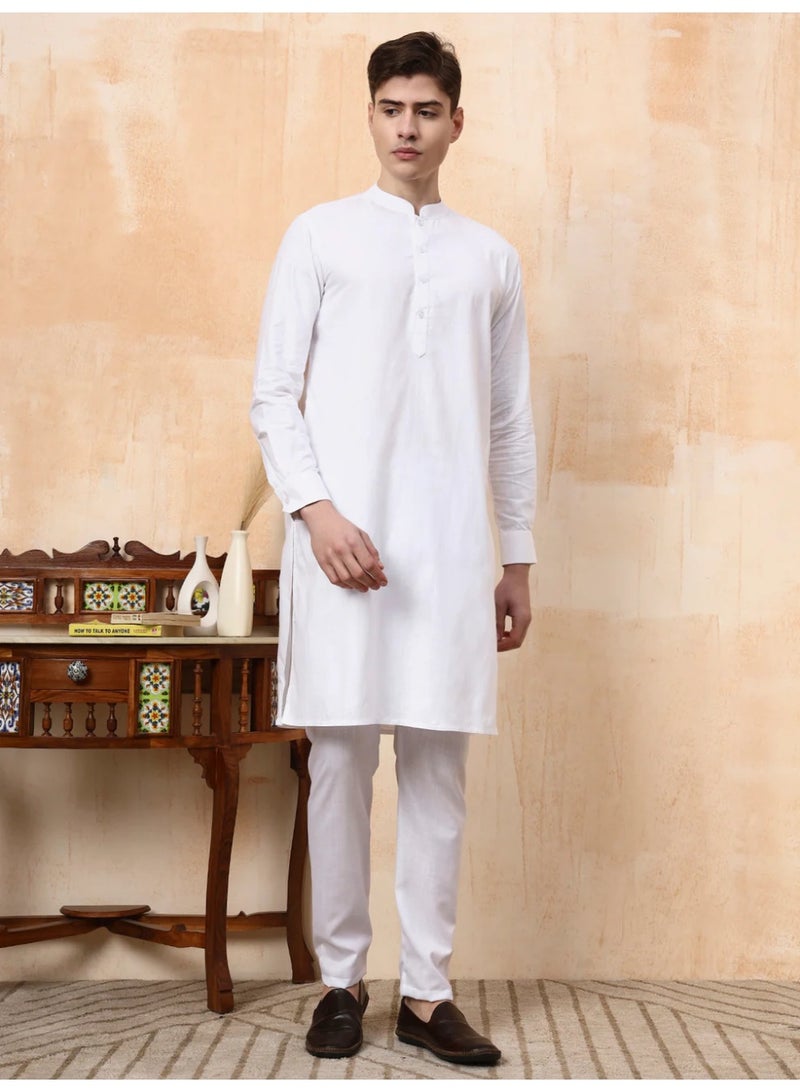 Devoiler Mens White Linen Feel Cotton Kurta Set - Image 5