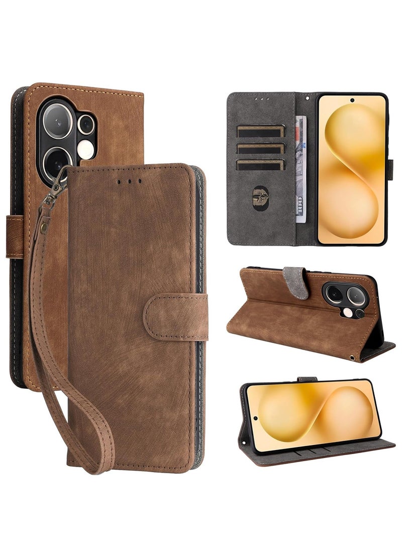 For Vivo V60 Flip Cover with Detachable Lanyard, PU Leather Full Body Protection Shockproof Flip Mobile Phone Case, RFID Anti-theft Brush Folio Wallet Case - Image 1