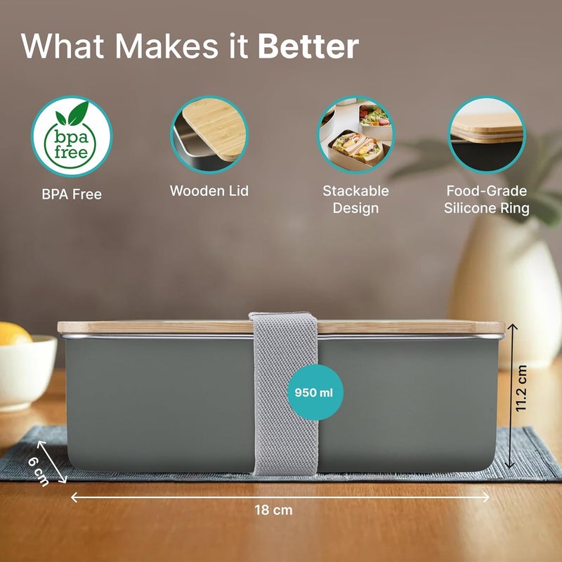 The Better Home 304 SS Microwave Safe Steel Container 950ml Bamboo Lid Steel Microwave Safe Container with Lid Stainless Steel Lunch Box for Kids Office Men Women Steel Tiffin Box for Girls - Image 3