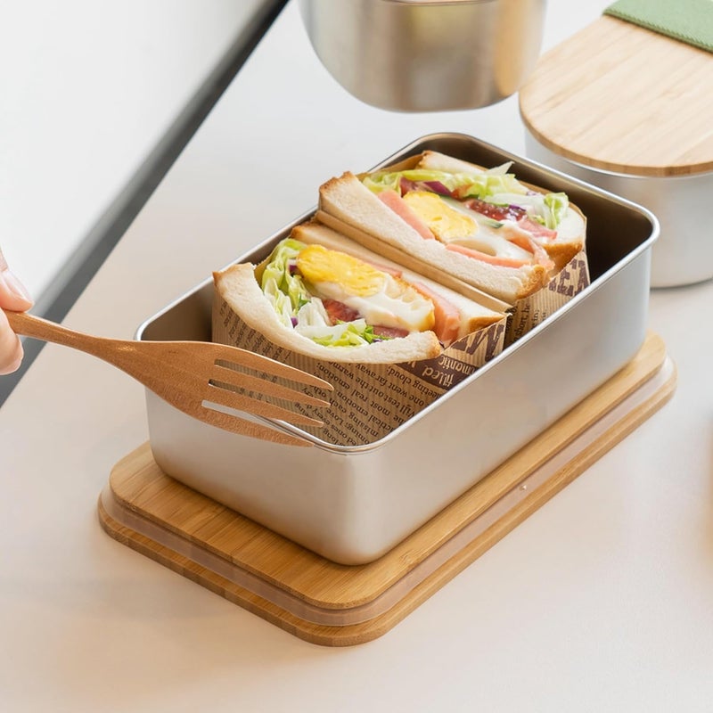 The Better Home 304 SS Microwave Safe Steel Container 950ml Bamboo Lid Steel Microwave Safe Container with Lid Stainless Steel Lunch Box for Kids Office Men Women Steel Tiffin Box for Girls - Image 1