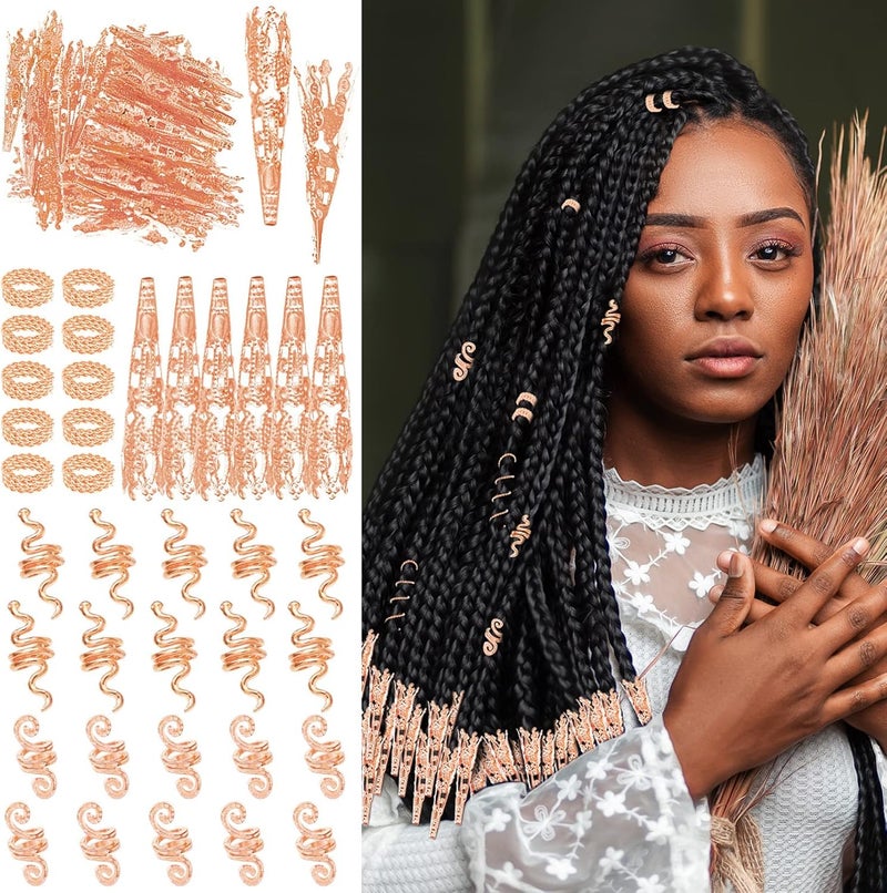 RechicGu RechicGu 130 Pieces Locs Hair Jewelry for Women Goddess Dreadlocks Accessories kit Faux Locs Beads,Braids Hair Cuffs Decoration Charms (Rose Gold)