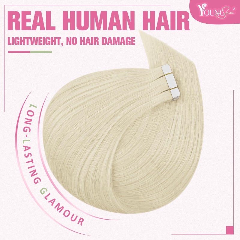 YoungSee Platinum Blonde Tape in Hair Extensions Real Human Hair 22In Platinum Blonde Tape in Hair Extensions 20pcs Invisible Tape-in Extension Long Tapes in Hair Extension Human Hair Straight 50g - Image 2