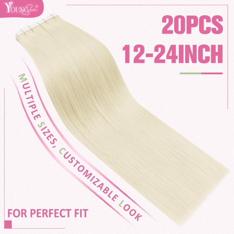 YoungSee Platinum Blonde Tape in Hair Extensions Real Human Hair 22In Platinum Blonde Tape in Hair Extensions 20pcs Invisible Tape-in Extension Long Tapes in Hair Extension Human Hair Straight 50g - Image 3