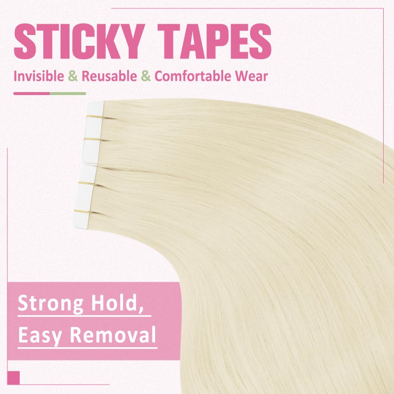 YoungSee Platinum Blonde Tape in Hair Extensions Real Human Hair 22In Platinum Blonde Tape in Hair Extensions 20pcs Invisible Tape-in Extension Long Tapes in Hair Extension Human Hair Straight 50g - Image 5