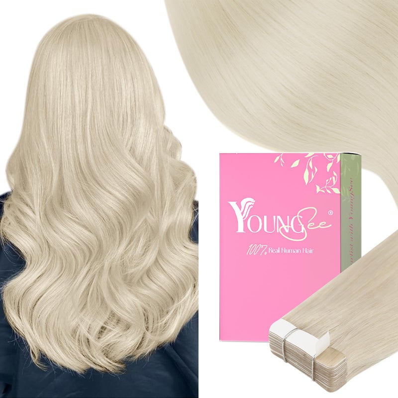 YoungSee Platinum Blonde Tape in Hair Extensions Real Human Hair 22In Platinum Blonde Tape in Hair Extensions 20pcs Invisible Tape-in Extension Long Tapes in Hair Extension Human Hair Straight 50g - Image 1