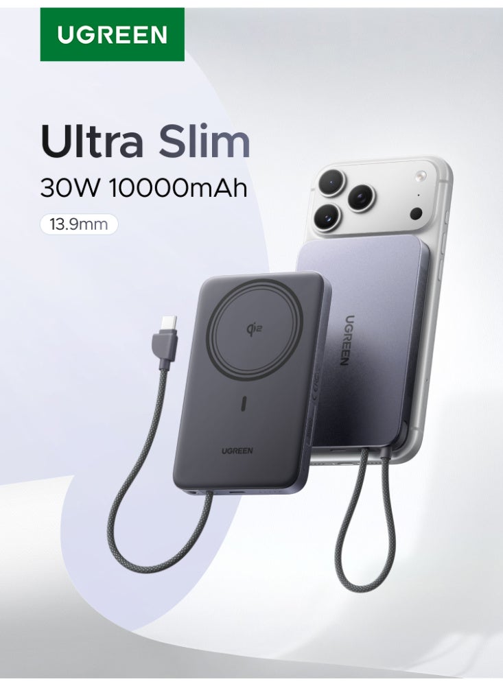Ugreen 10000mAh Qi2 15W Magsafe Air Ultral-Slim Power Bank, Wireless Portable Charger, 30W Built-in-Cable USB-C, Ergonomic Design Compatible With iPhone 17Pro Series/ Samsung S26 Series/Airpods 15W With Cable - Grey