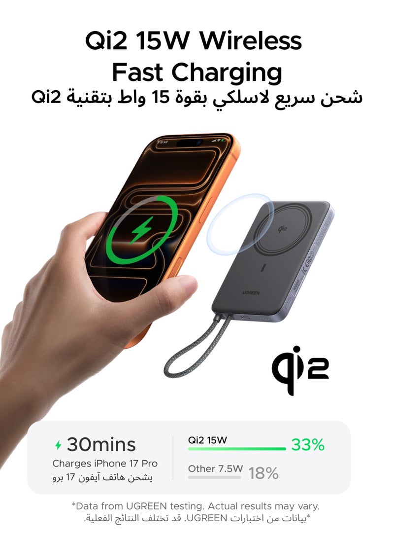 Ugreen Power Bank 10000mAh Power Bank With Qi2 Wireless Charging Magnetic Power Bank 30W Fast Charging Built-In Cable Wireless Power Bank Portable Charger Travel Charger For iPhone 18 Pro, iPhone 18 Pro Max, iPhone Duo, iPhone 17,Ultra-Slim, Compatible With MagSafe 10000mAh 10000mAh - Image 4