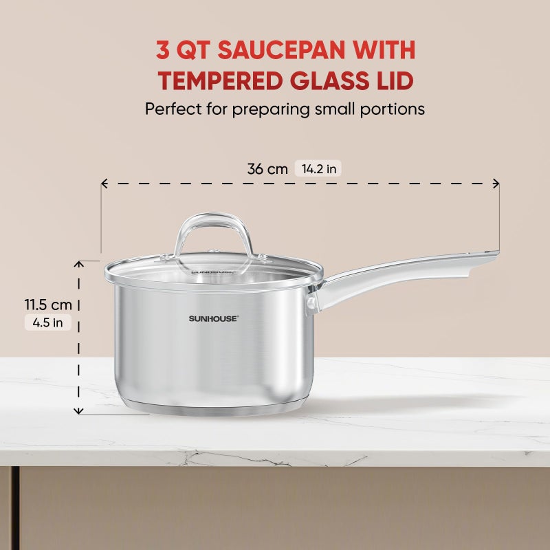 SUNHOUSE â€“ 3 Quarts Stainless Steel Sauce Pan with Lid - PFOA-FREE, Stainless Steel Sauce Pan, Advanced Impact Bonding Induction Base, Stay-Cool Handle, Compatible with All Cooktops - Image 2