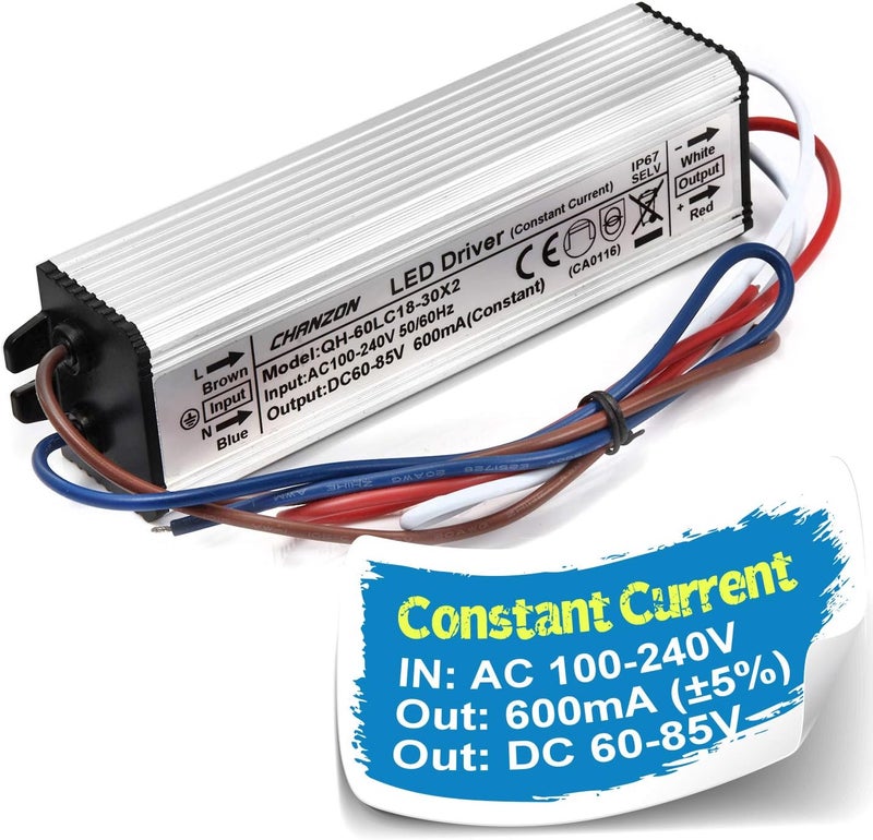CHANZON LED Driver 600mA (Constant Current Output) 60V-85V (Input 100-240V AC-DC) (18-25) x3W 54W 60W 75W IP67 Waterproof Power Supply 600 mA Lighting Transformer for High Power COB Chips (Aluminium) - Image 1