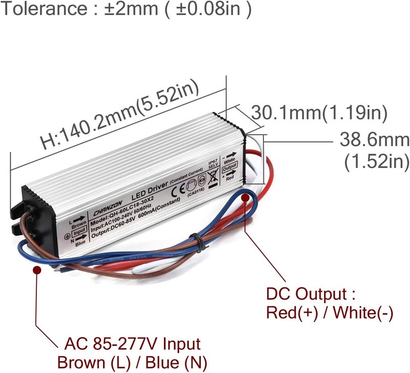 CHANZON LED Driver 600mA (Constant Current Output) 60V-85V (Input 100-240V AC-DC) (18-25) x3W 54W 60W 75W IP67 Waterproof Power Supply 600 mA Lighting Transformer for High Power COB Chips (Aluminium) - Image 2