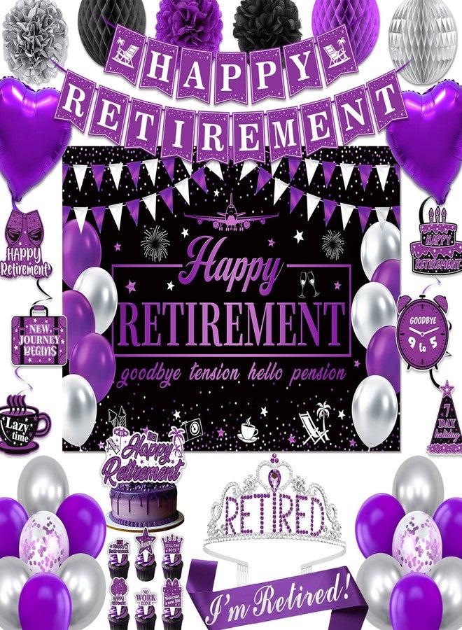 REDWORD Retirement Party Decorations, Purple Retirement Decorations for Women Including I'm Retired Sash & Tiara Set Banner Backdrop Hanging Garland Swirl Streamers Balloons Honeycomb Ball Cake Toppers - Image 1