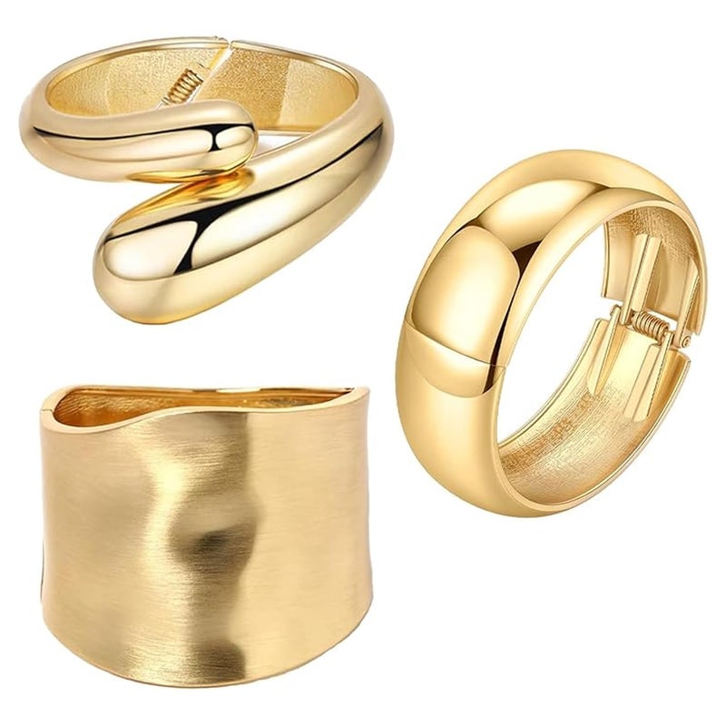 Excefore 3PCS Gold Cuff Bracelets for Women Wide Gold Bangle Bracelet Trendy Chunky Cuff Bangle Bracelets Irregular Statement Wrist Cuff Wrap Bracelet Jewelry - Image 2
