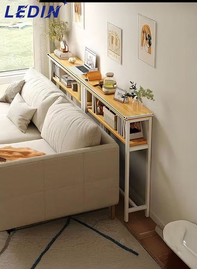 ليدين طاولات أريكة، طاولة وحدة تحكم رمادية ضيقة وطويلة مكونة من طبقتين مع مساحة تخزين خلف طاولة أريكة لغرفة المعيشة، طاولات وحدة تحكم طويلة جدًا للمدخل (أبيض) - Image 1