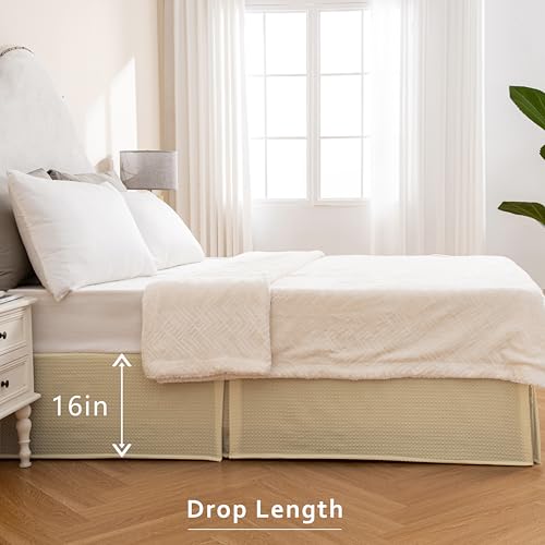 MIYE Pleated Waffle Weave Bed Skirt, Tailored Dust Ruffle 16 Inch Drop Easy Fit, Machine Washable,No Split Corners (Light Beige, Queen - 16" Drop) - Image 5