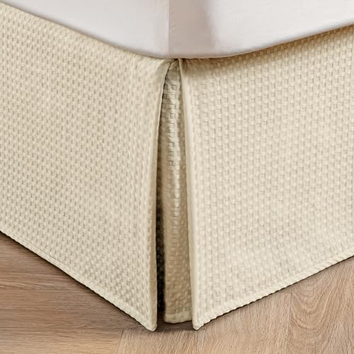 MIYE Pleated Waffle Weave Bed Skirt, Tailored Dust Ruffle 16 Inch Drop Easy Fit, Machine Washable,No Split Corners (Light Beige, Queen - 16" Drop) - Image 1