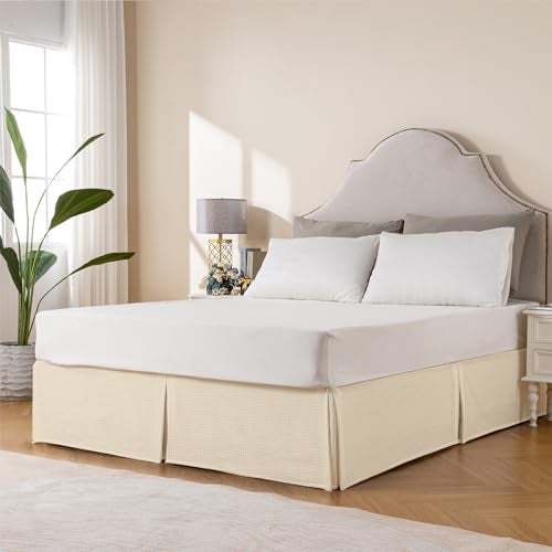 MIYE Pleated Waffle Weave Bed Skirt, Tailored Dust Ruffle 16 Inch Drop Easy Fit, Machine Washable,No Split Corners (Light Beige, Queen - 16" Drop) - Image 3