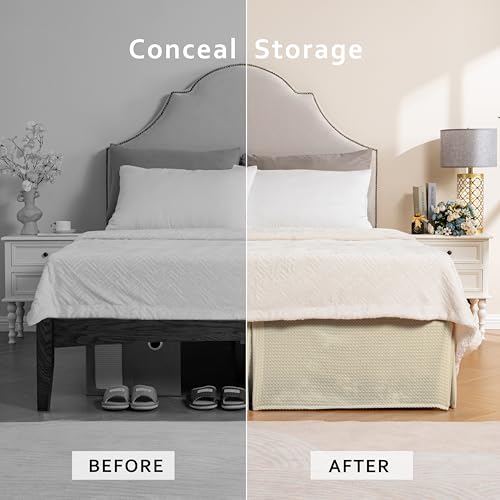 MIYE Pleated Waffle Weave Bed Skirt, Tailored Dust Ruffle 16 Inch Drop Easy Fit, Machine Washable,No Split Corners (Light Beige, Queen - 16" Drop) - Image 4