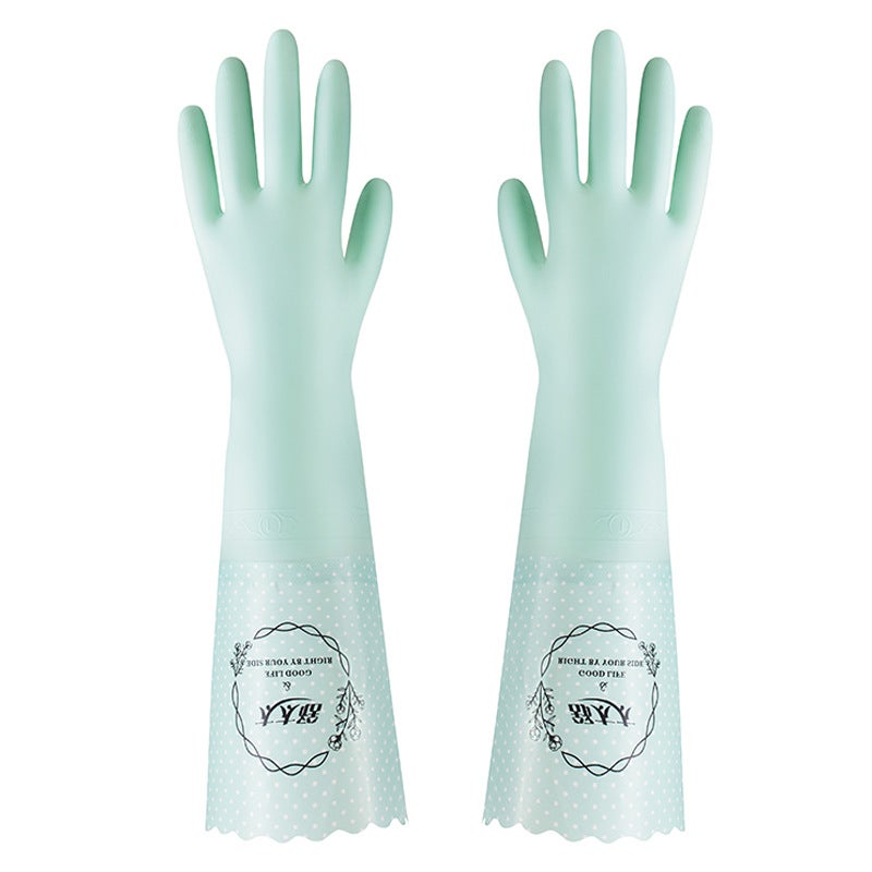 Thick Fleece-Lined Waterproof Rubber Gloves for Dishes and Cleaning Morandi green velvet wide mouth 