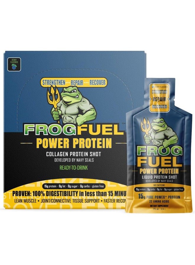 Power Regular Protein Shot, 15g Protein Nano-Hydrolyzed Grass Fed Collagen, Post Workout, Gluten Free, Fat & Sugar Free, 22 Amino Acids, 0 Carbs, Berry, 1 oz Packets, 24 Pack