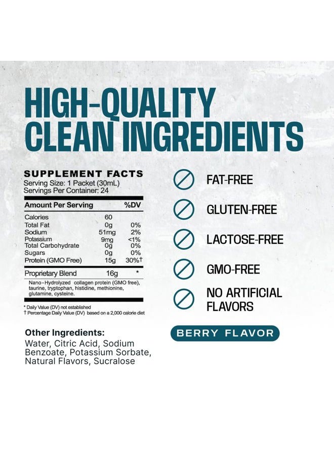 Power Regular Protein Shot, 15g Protein Nano-Hydrolyzed Grass Fed Collagen, Post Workout, Gluten Free, Fat & Sugar Free, 22 Amino Acids, 0 Carbs, Berry, 1 oz Packets, 24 Pack