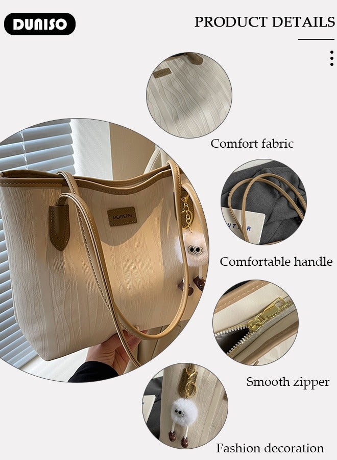 DUNISO Women Shoulder Tote Bag, Beige PU Fashionable Travel Bags, Comfortable Commuter Bag with Large Capacity, Weekender Shopper Handbag for Ladies - Image 2