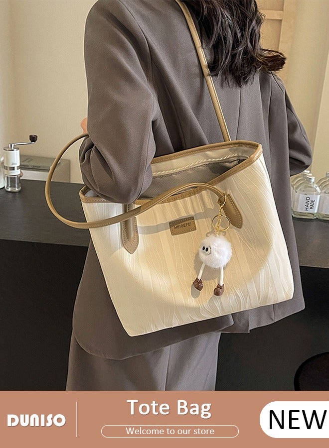 DUNISO Women Shoulder Tote Bag, Beige PU Fashionable Travel Bags, Comfortable Commuter Bag with Large Capacity, Weekender Shopper Handbag for Ladies - Image 1