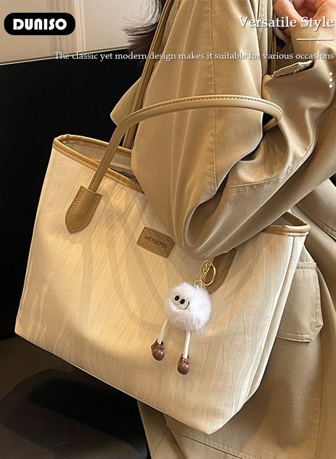 DUNISO Women Shoulder Tote Bag, Beige PU Fashionable Travel Bags, Comfortable Commuter Bag with Large Capacity, Weekender Shopper Handbag for Ladies - Image 3