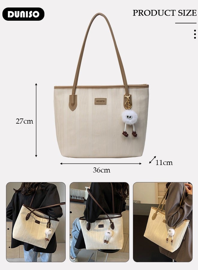 DUNISO Women Shoulder Tote Bag, Beige PU Fashionable Travel Bags, Comfortable Commuter Bag with Large Capacity, Weekender Shopper Handbag for Ladies - Image 4