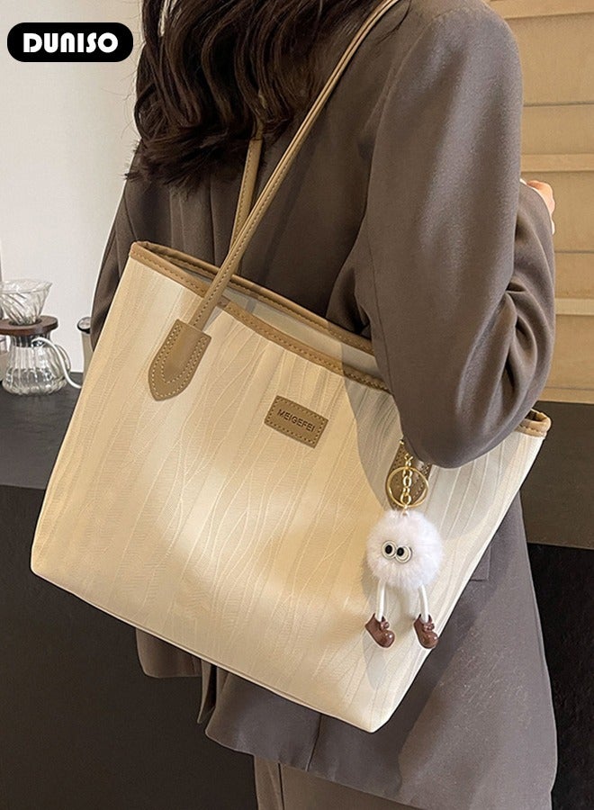 DUNISO Women Shoulder Tote Bag, Beige PU Fashionable Travel Bags, Comfortable Commuter Bag with Large Capacity, Weekender Shopper Handbag for Ladies - Image 5