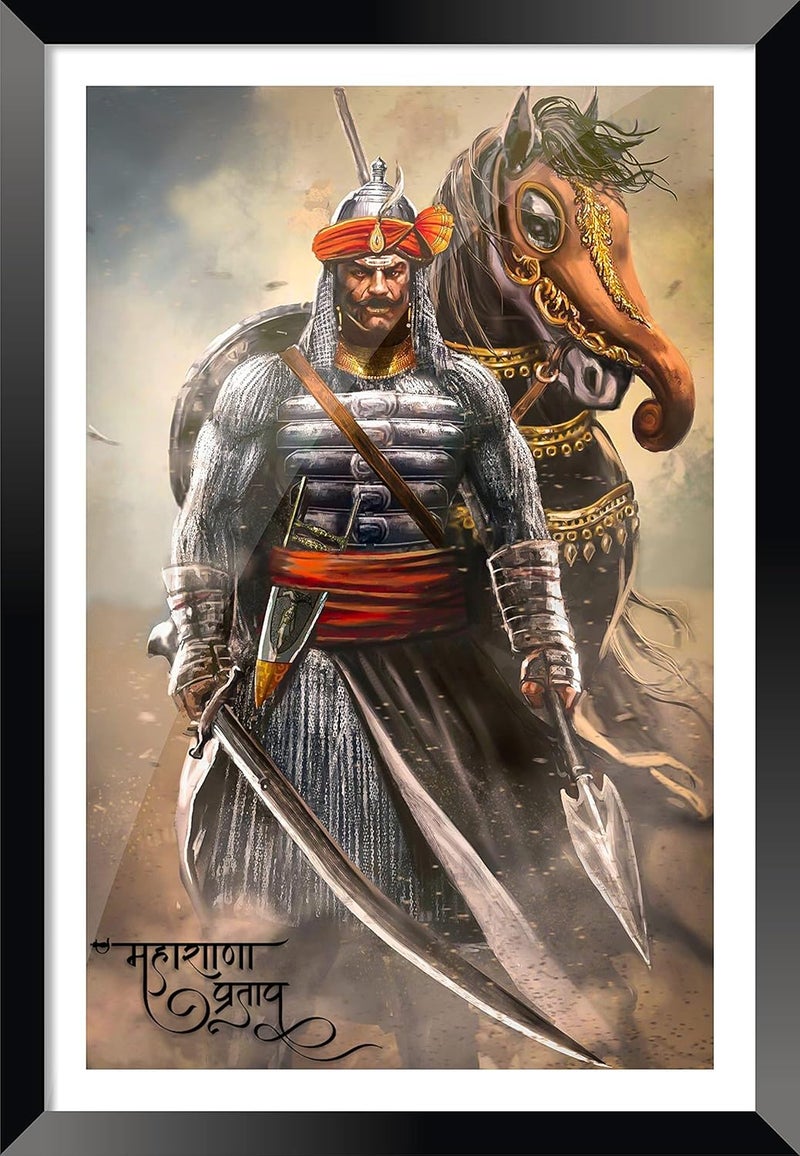 DBrush Maharana Pratap Poster with Framed Maharana Pratap with Chetak Horse War Painting Artwork For Livingroom Office Decor 12x18 Inch Synthetic wood - Image 1
