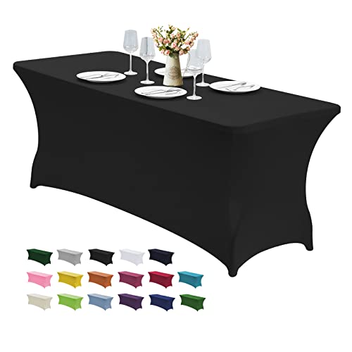 CWK 6FT Waterproof Stretch Spandex Table Cover for Rectangular Tables - Elastic Fitted Tablecloth for Folding Tables,Wrinkle Resistant Table Cloth for Parties, Weddings, Banquets & Events (Black) - Image 1