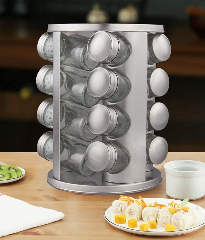 Verana Stainless Steel 16 pcs Jars Rotating Spice Jar Rack Set Seasoning Stand Holder Condiment Salt Pepper Shaker Kitchen Tools - Image 1