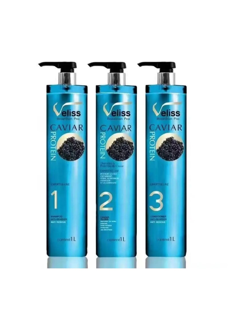Veliss Brazilian Pro Caviar Protein Hair Treatment Set (3 Steps) – Shampoo, Caviar Gloss & Conditioner, 1L Each - Image 1