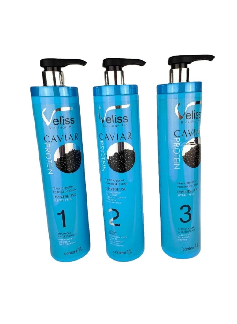 Veliss Brazilian Pro Caviar Protein Hair Treatment Set (3 Steps) – Shampoo, Caviar Gloss & Conditioner, 1L Each - Image 2
