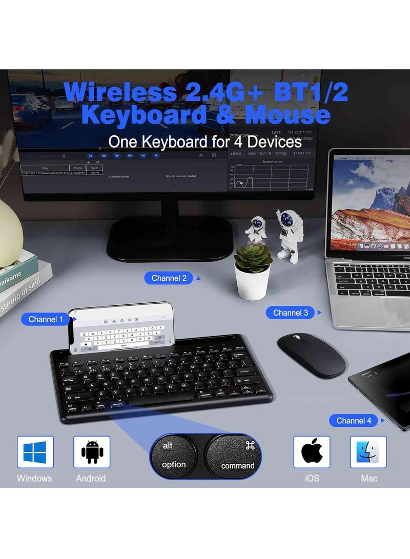 Compact Rechargeable Wireless Multi-Device Bluetooth Keyboard and Mouse Combo with Bracket for Infinix Note 8i Supports Windows, macOS, iPadOS, Android, PC, Mac, Laptop, Smartphone, Tablet