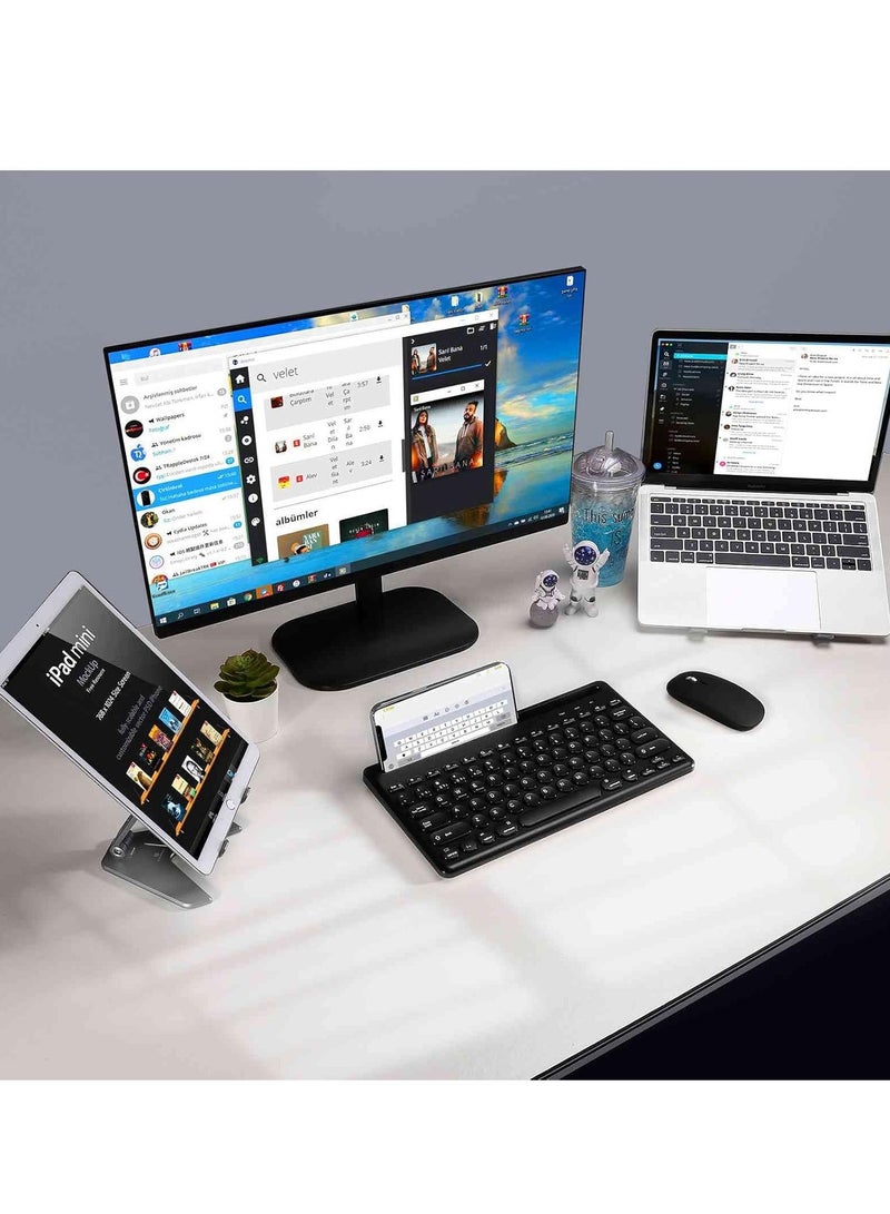 Compact Rechargeable Wireless Multi-Device Bluetooth Keyboard and Mouse Combo with Bracket for Infinix Note 8i Supports Windows, macOS, iPadOS, Android, PC, Mac, Laptop, Smartphone, Tablet