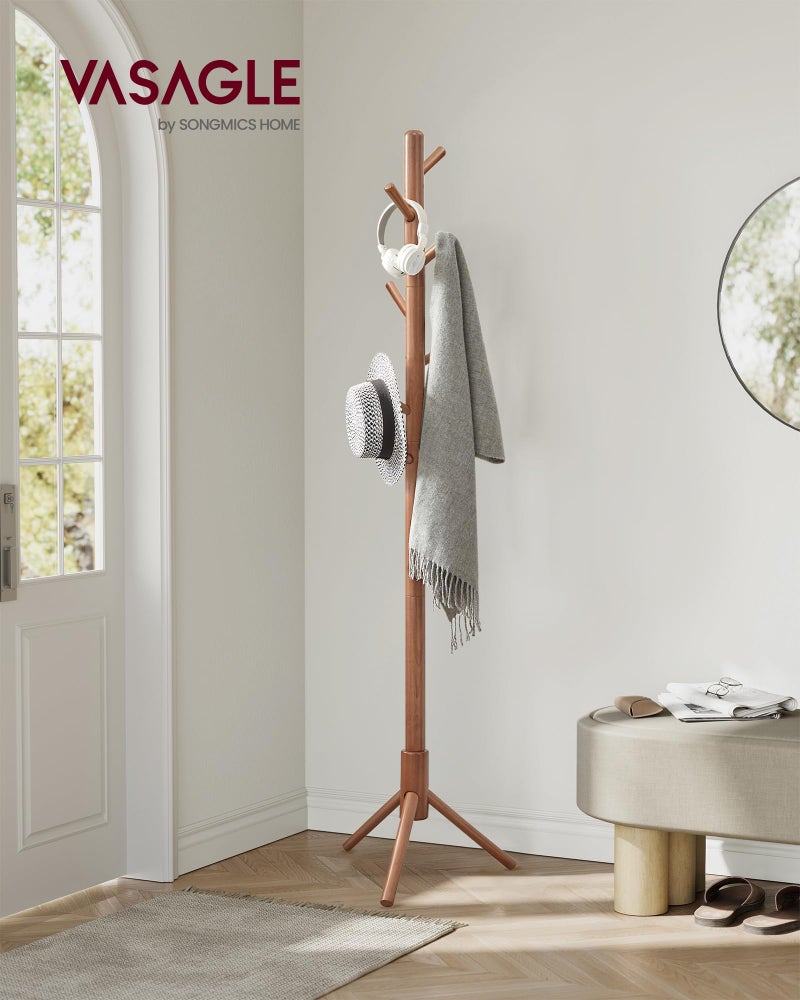 VASAGLE Solid Wood Coat Rack, Free Standing Tree-Shaped Coat Rack with 8 Hooks, 3 Height Options, for Clothes, Hats, Bags, Living Room, Bedroom, Home Office, Caramel Brown URCR04WN - Image 2