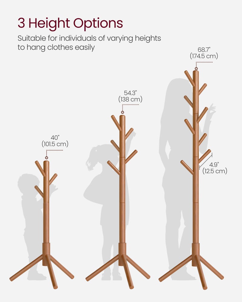 VASAGLE Solid Wood Coat Rack, Free Standing Tree-Shaped Coat Rack with 8 Hooks, 3 Height Options, for Clothes, Hats, Bags, Living Room, Bedroom, Home Office, Caramel Brown URCR04WN - Image 5