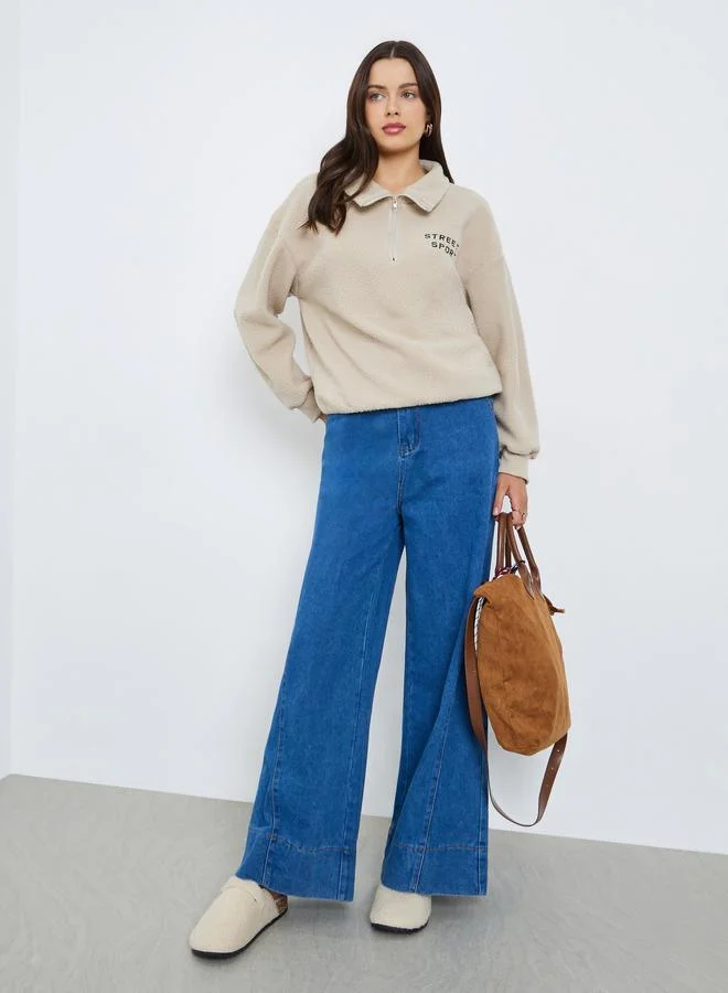 Styli Beige Fleece Quarter-Zip Sweatshirt