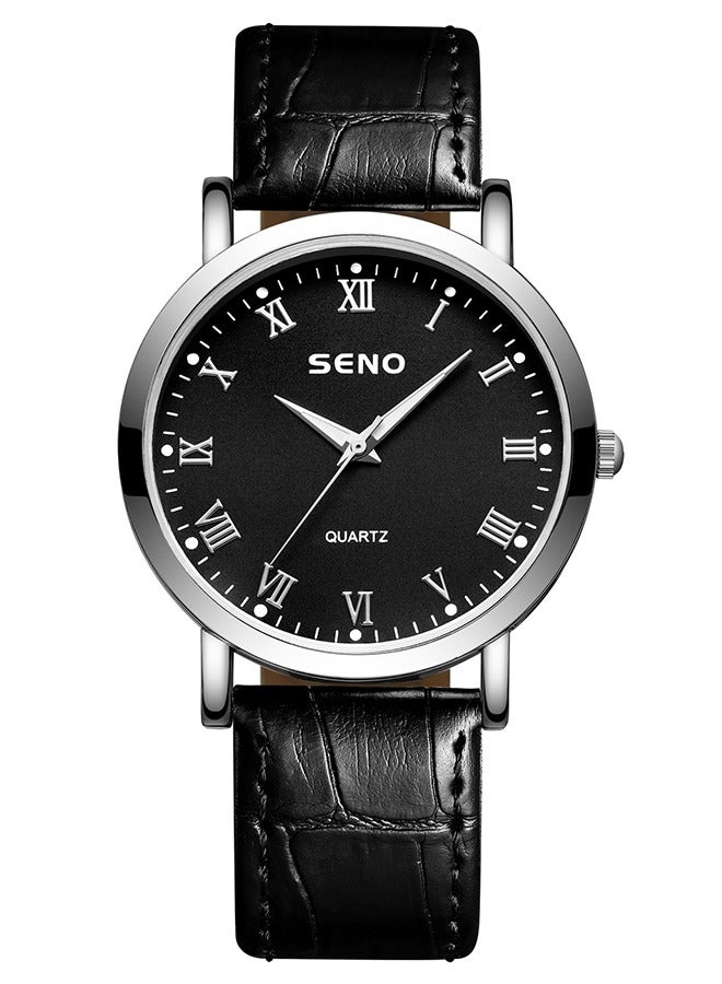 SENO Unisex Couple Watches, Quartz Luminescent Waterproof Wristwatch, Black Leather Strap, Classic Stylish Black Dial. - Image 1