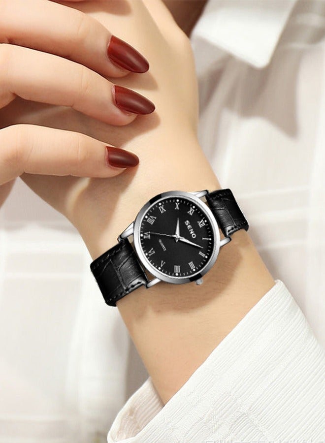 SENO Unisex Couple Watches, Quartz Luminescent Waterproof Wristwatch, Black Leather Strap, Classic Stylish Black Dial. - Image 2