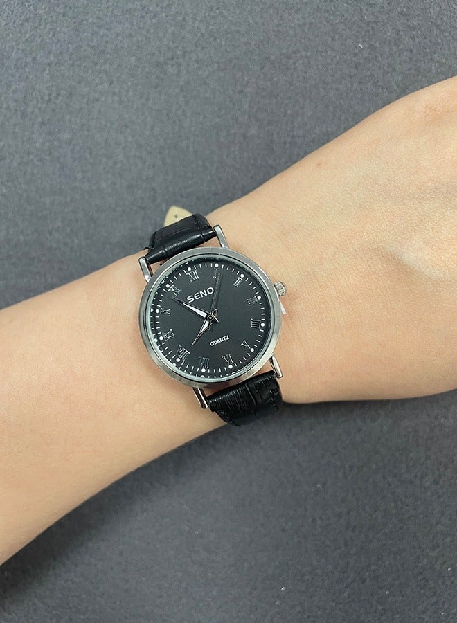 SENO Unisex Couple Watches, Quartz Luminescent Waterproof Wristwatch, Black Leather Strap, Classic Stylish Black Dial. - Image 5