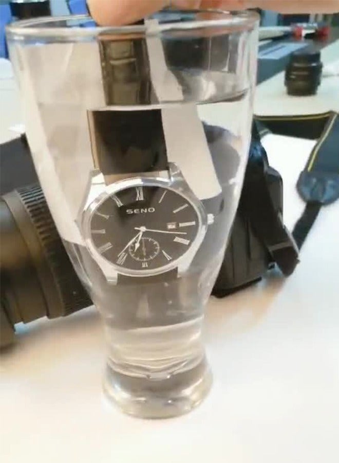 SENO Unisex Couple Watches, Quartz Luminescent Waterproof Wristwatch, Black Leather Strap, Classic Stylish Black Dial. - Image 4